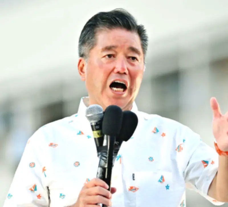 知事選9月13日投開票、下地幹郎氏が沖縄県那覇市の県民広場で支援者集会 辺野古新基地「外務省通さない」