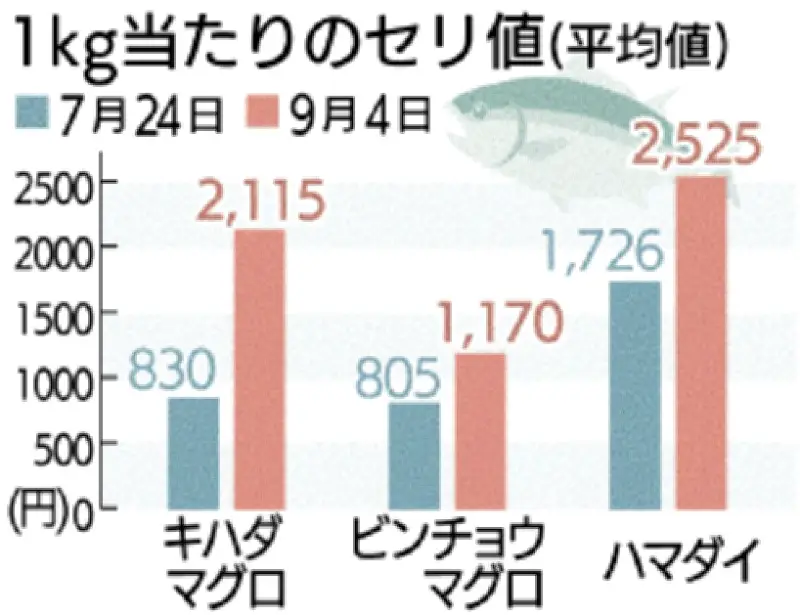 台風で鮮魚セリ値高騰、キハダマグロ2.5倍の2115円に